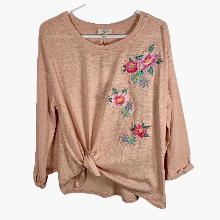 NWT Umgee Floral Top Embroidered Sz M Blush Pink Tie Knot Oversized Boho NEW