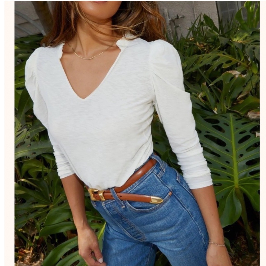 Nation LTD Tamira Elizabethan Tee Off White Pima Cotton Puff Sleeve V-Neck Small