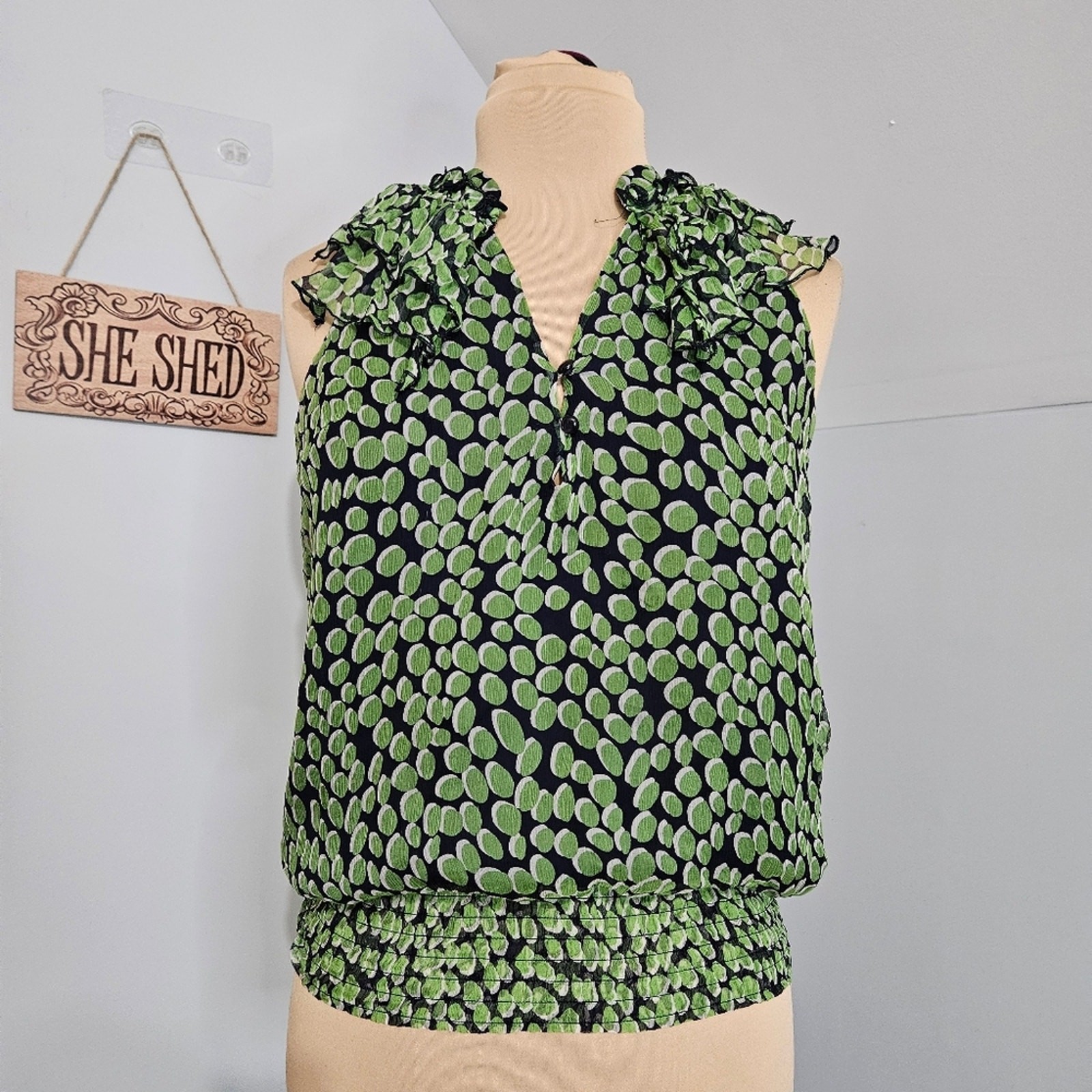 Elena Solano Top 100% Silk Womens Medium Green Blue Ruffled Sleeve Smocked Waist