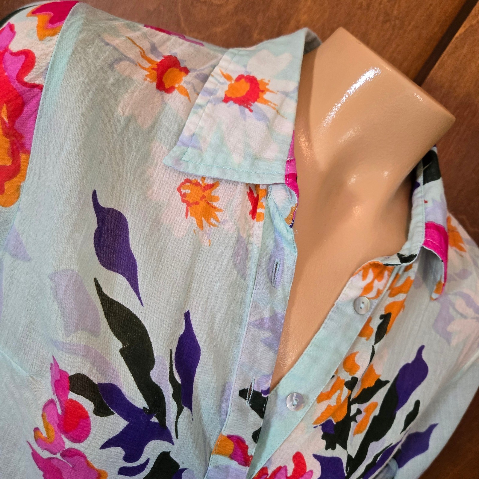 Soft Surroundings Light Mint Sheer Floral Print Button Down Shirt Tunic PXSmall