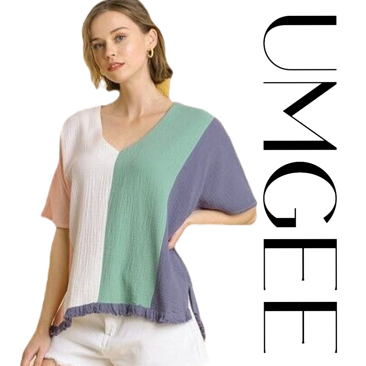 XL-PLUS 1XL UMGEE DENIM PINK COLOR BLOCK Gauze Fringe Hem Top/Blouse BHCS