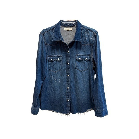 Lucky Brand Denim Western Shirt Snap Button Contrast Stitch Star Embroidery Lg
