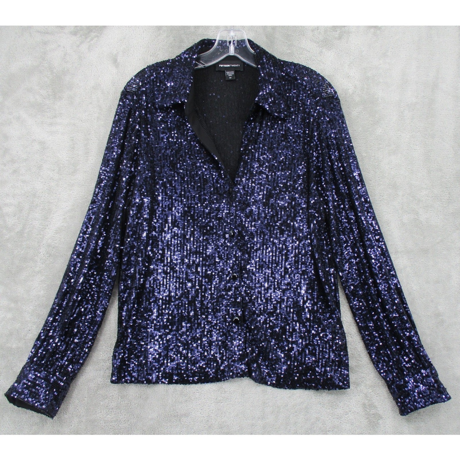 Fifteen Twenty Blouse Womens Medium Sequined Button Up Glam Party Sparkle Blue