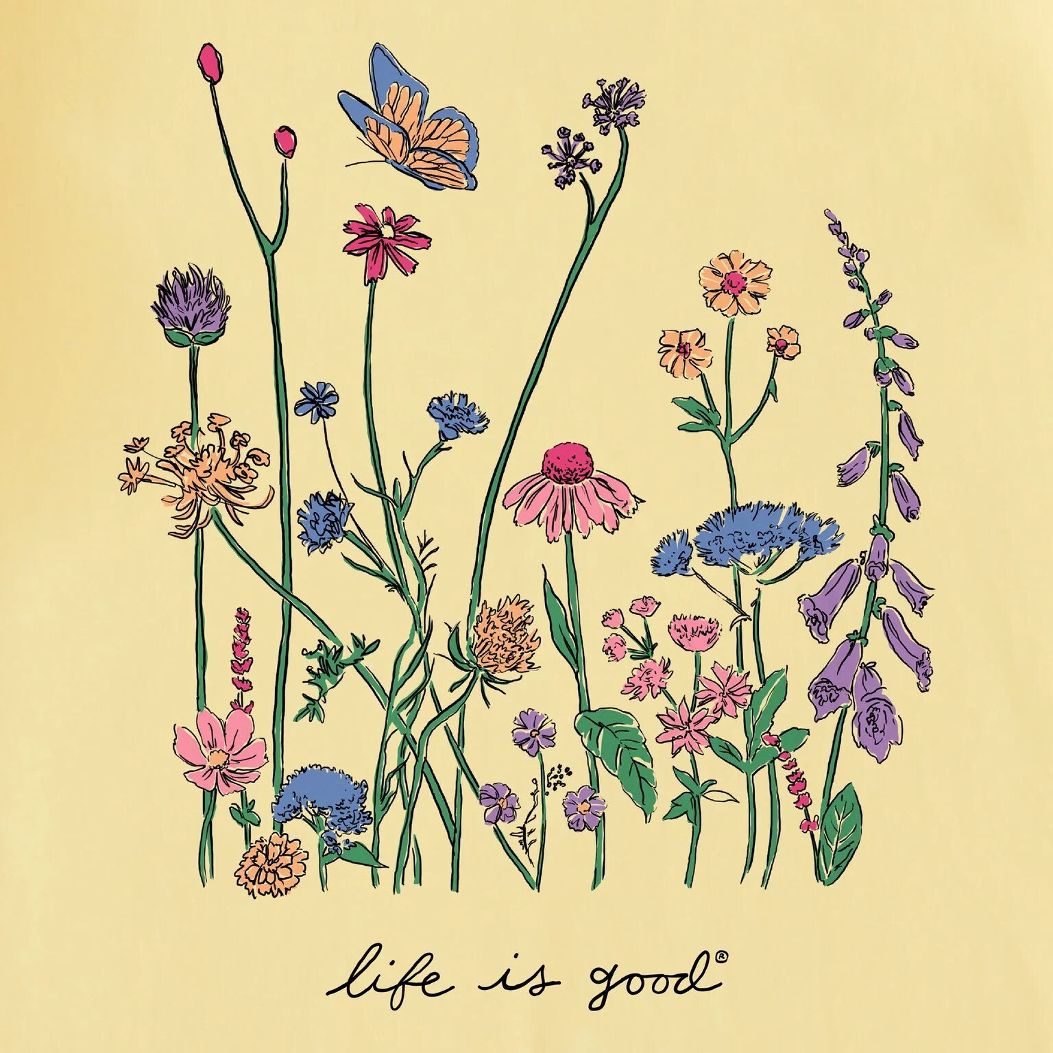 Life is Good. Women’s Realaxed Wildflowers Short Sleeve Crusher Tee Sandy Yellow