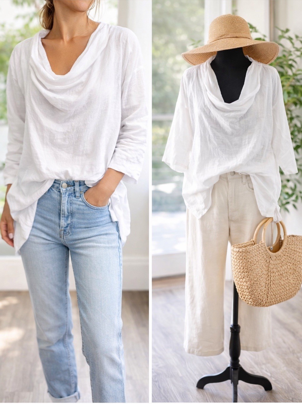 Mosaic Linen Tunic Top White Oversized Lagenlook Cowl Neck Beachy Coastal Size S