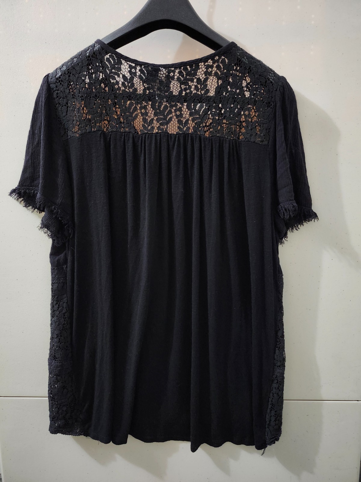 Knox Rose Top Womens L Black Short Sleeve Crochet Lace Tassel Tier Boho Beach