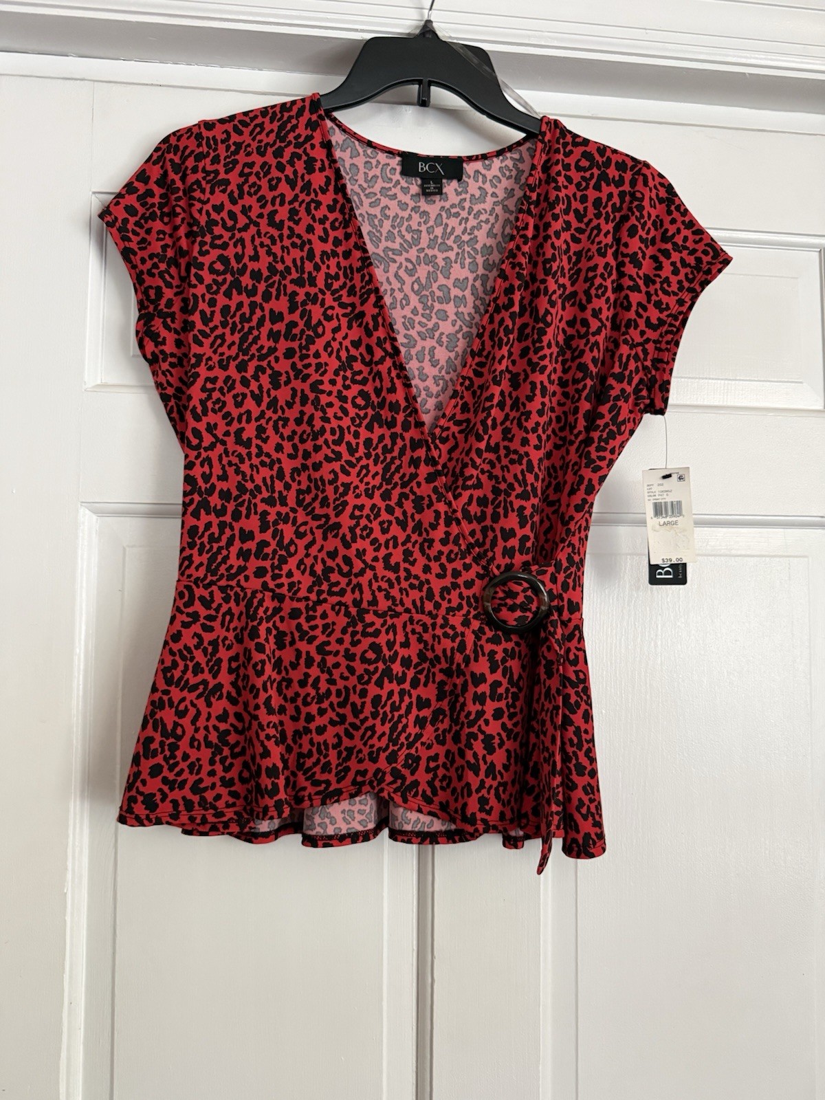 BCX Red Leopard Print Peplum Blouse Top With Belted Waist Size Large