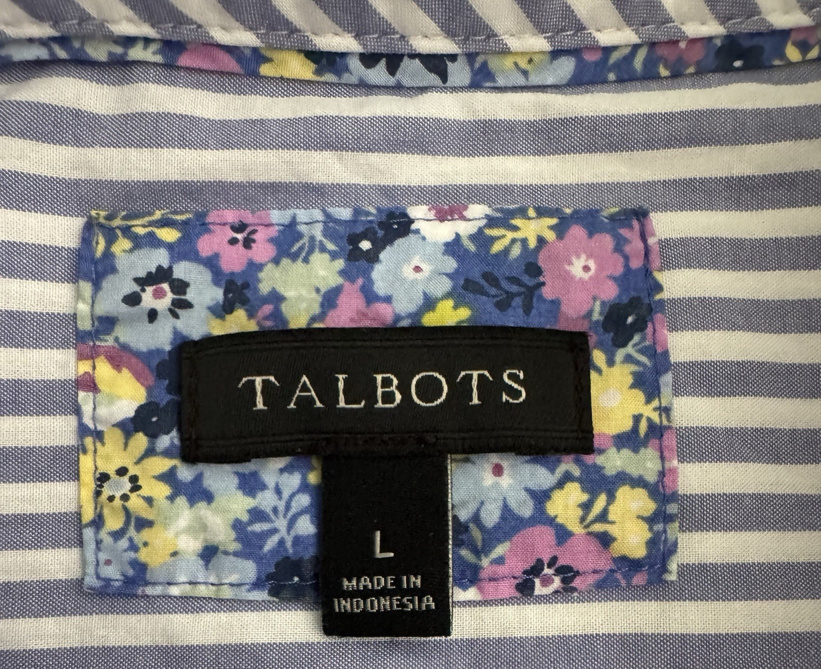 TALBOTS Blue & White Striped Coastal COTTON POPOVER Roll Tab Sleeves (L) NWOT
