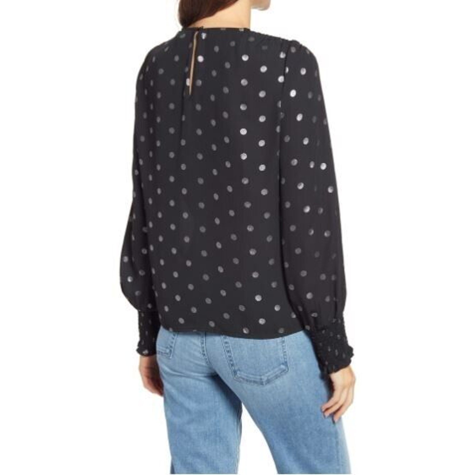 Halogen Metallic Dot Popover Blouse in Black with Silver Dots Small MSRP $59
