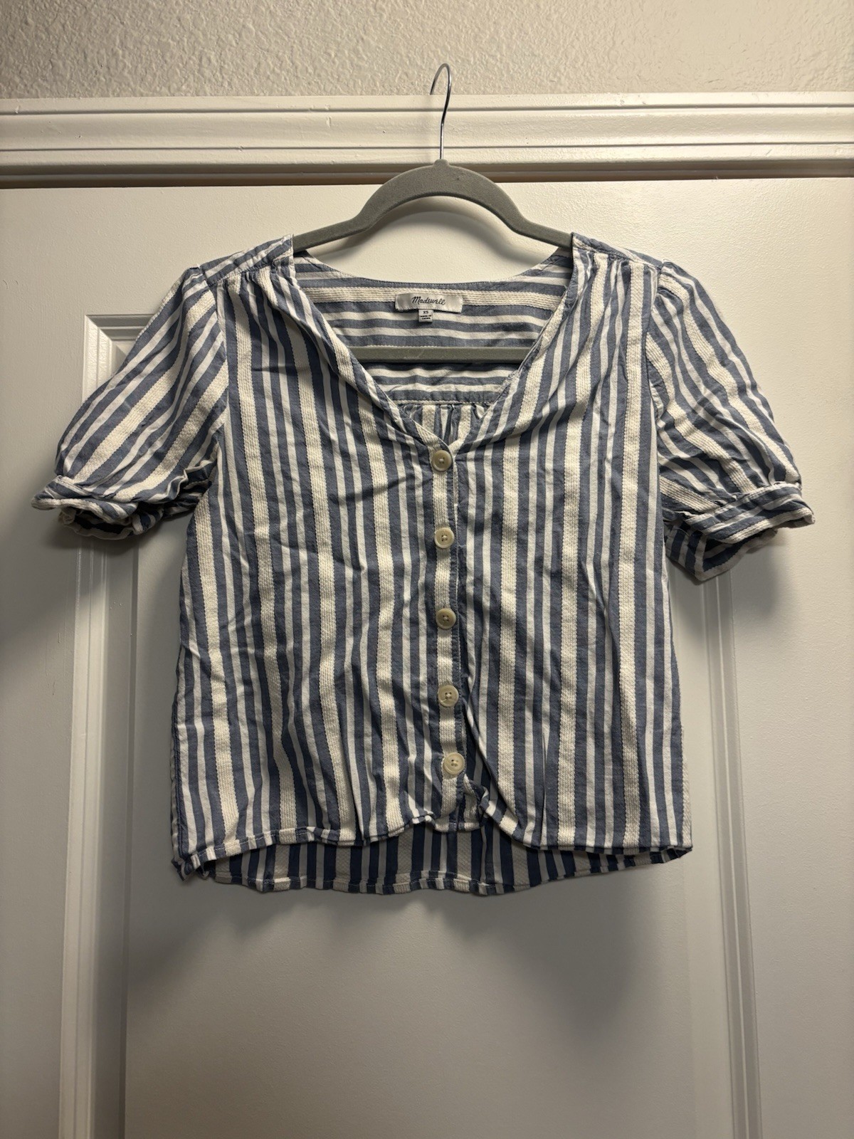 Madewell Cotton Blend Blue & White Striped Button-Front Top Size XS