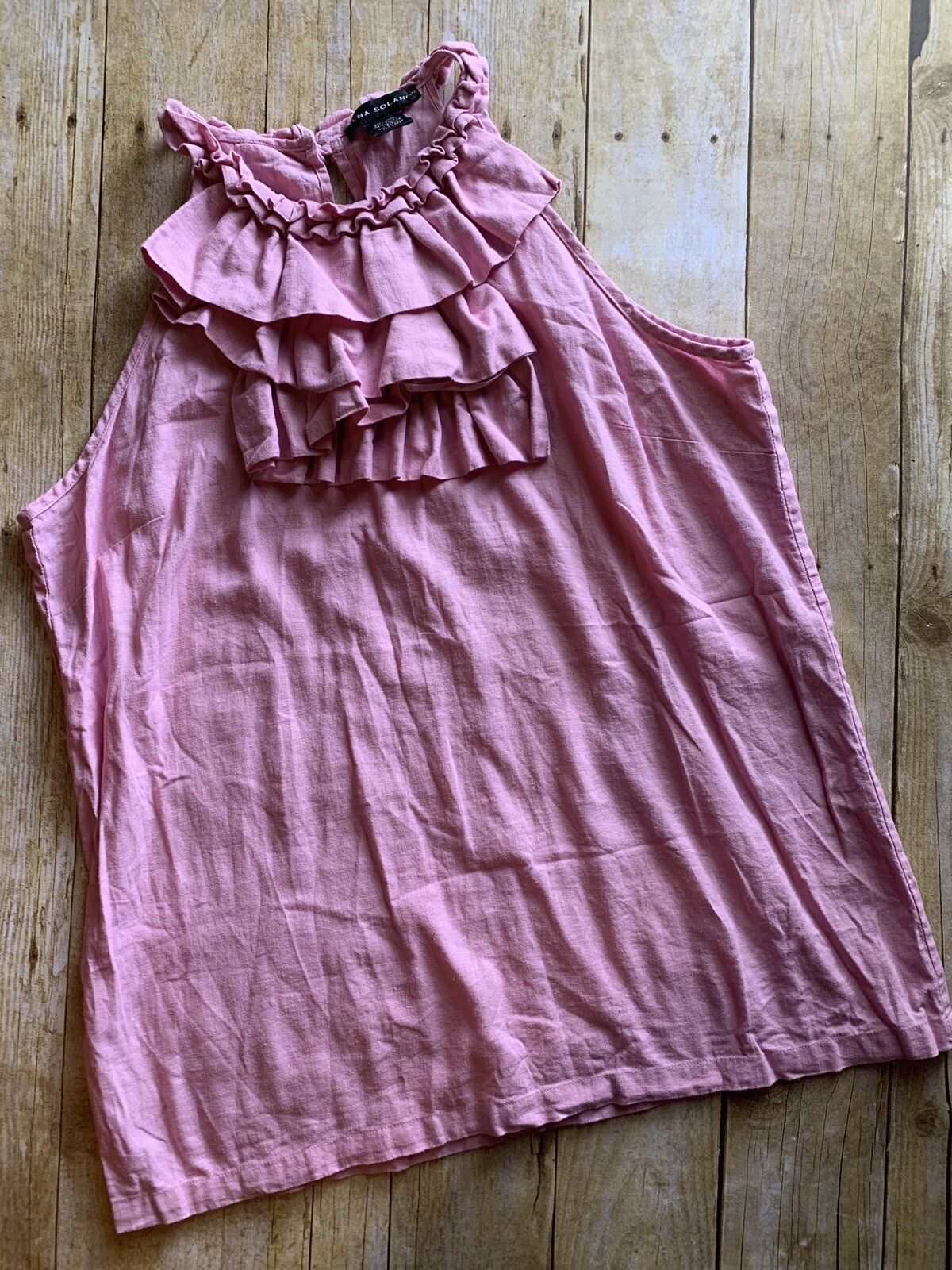ELENA SOLANO Women’s Pink Ruffle Sleeveless Tank Top Size XL Linen