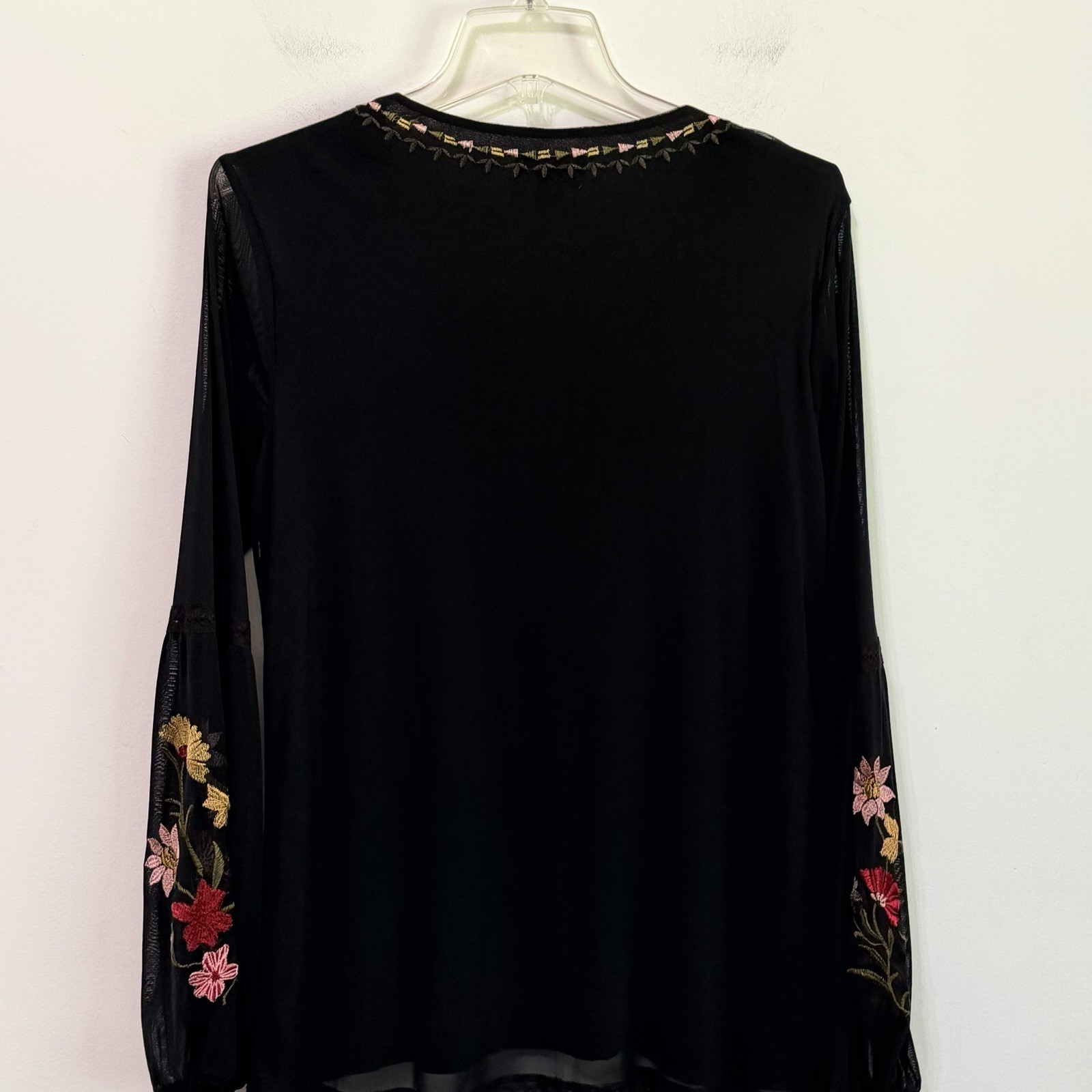 Style & Co Embroidered Top S Popover Black Boho Black Party Floral Popover Shirt