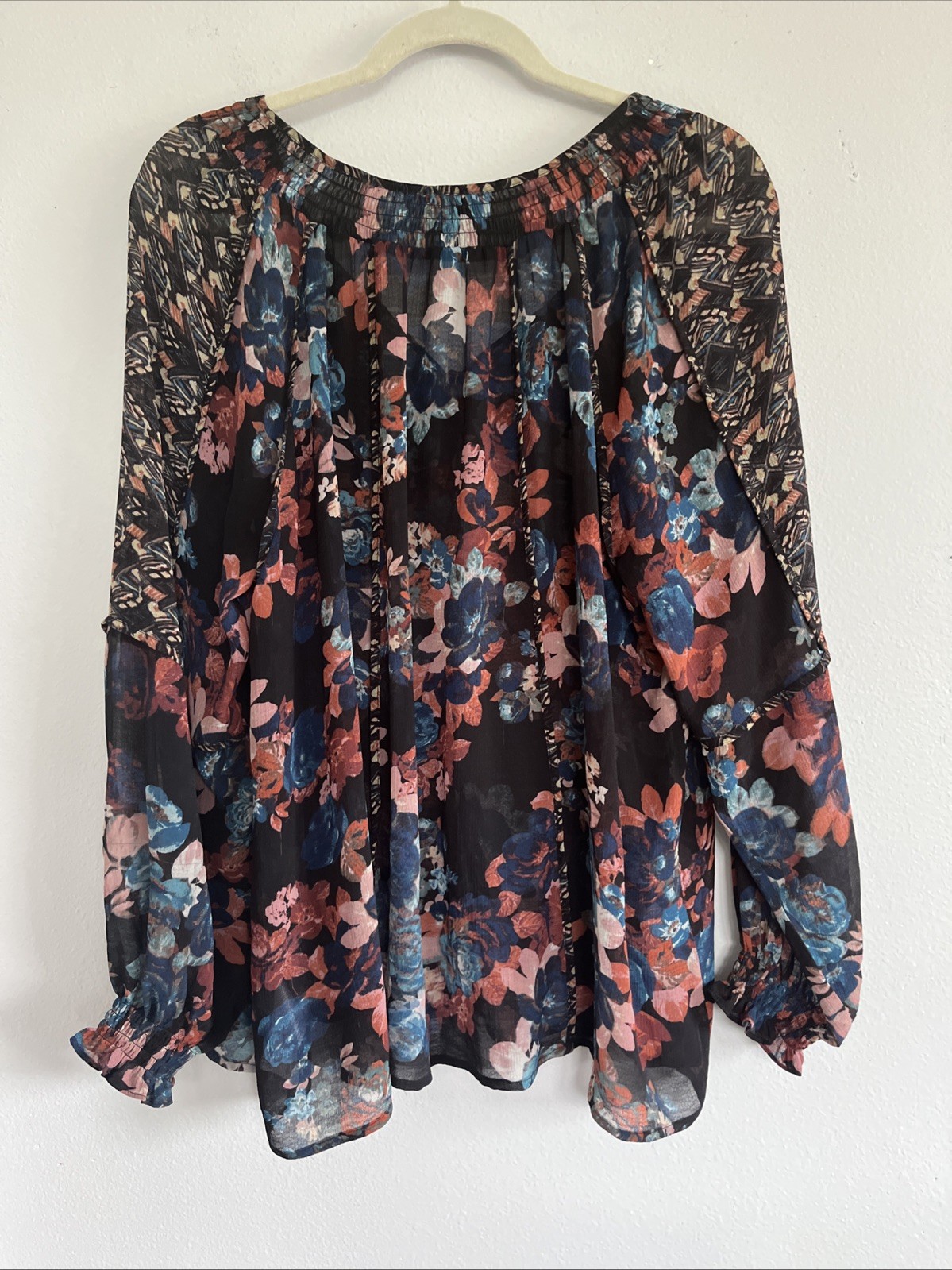 Vintage America Women’s XL Black Blue Floral Boho Top Tassels Patchwork Shoulder