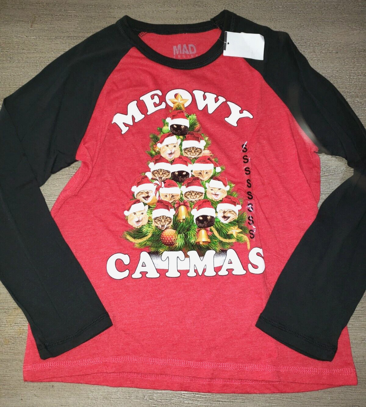 JUNIORS NEW NWT SMALL CHRISTMAS MEOW CATMAS SHIRT TOP long sleeve TREE CUTE!