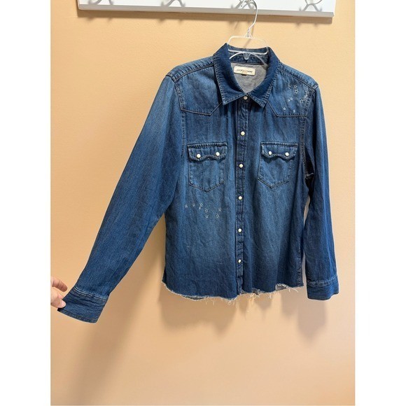 Lucky Brand Denim Western Shirt Snap Button Contrast Stitch Star Embroidery Lg
