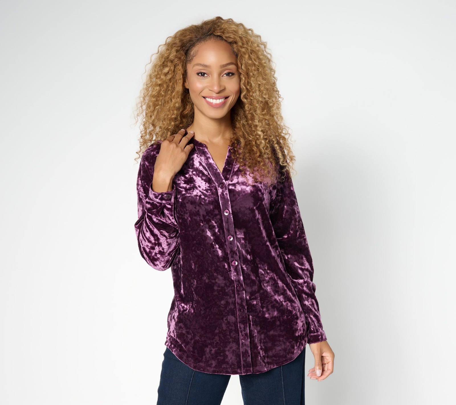 Belle by Kim Gravel Boho Crushed Velvet Long Sleeve Shirt Roasted Fig S New
