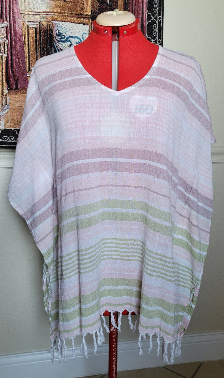 Top it Off White/Green/Brown/Pink Stripe Fringe Sheer Pullover Poncho Top M