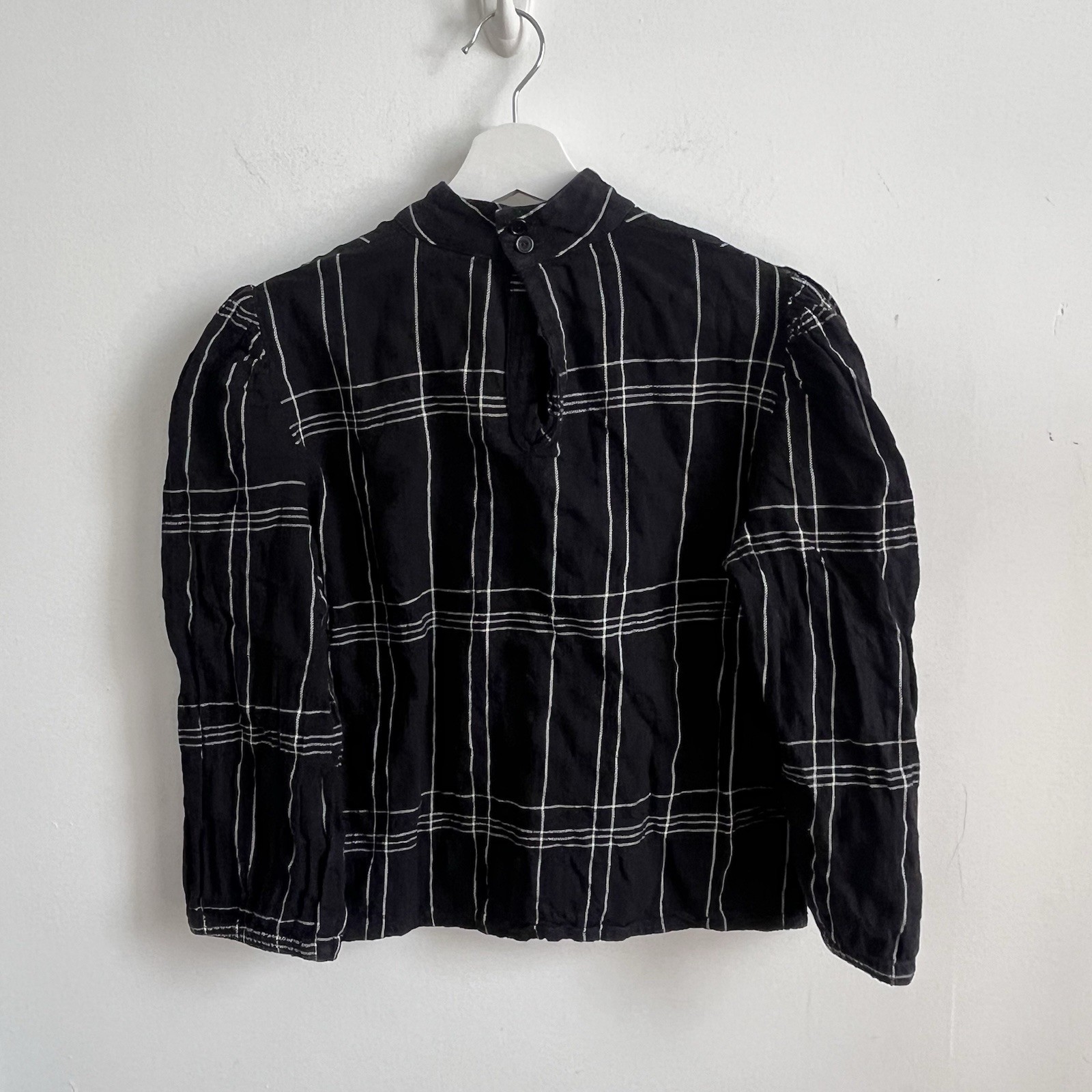 Eve Gravel Bardot Shirt Sz M Windowpane Black Puff Sleeve Cropped Preppy