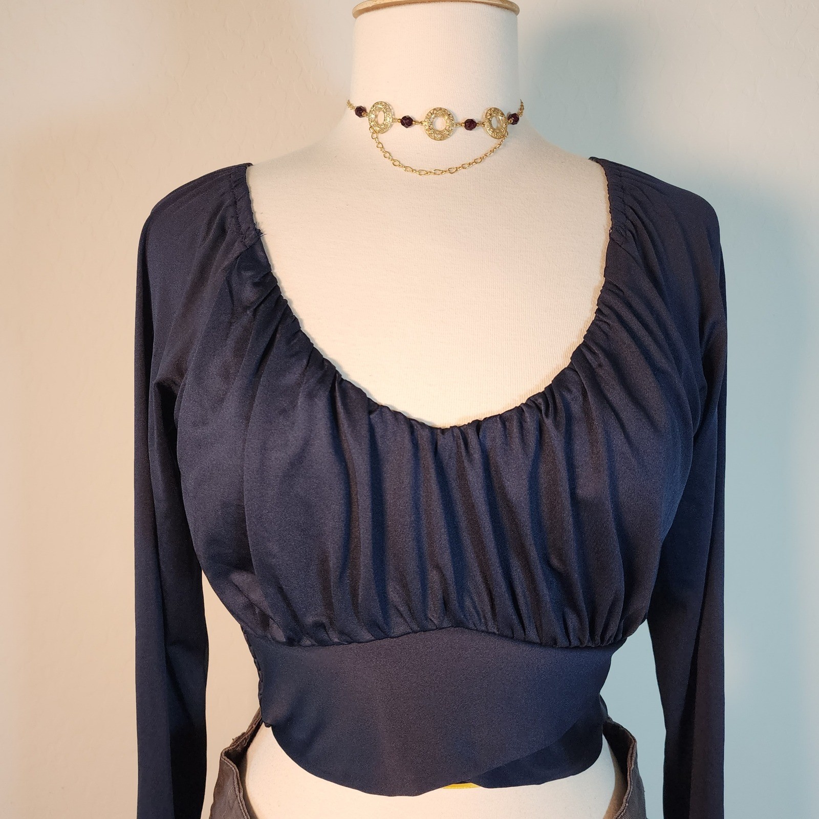 Navy Long Sleeve Top Smocked Back Cross Front Cropped Blouse