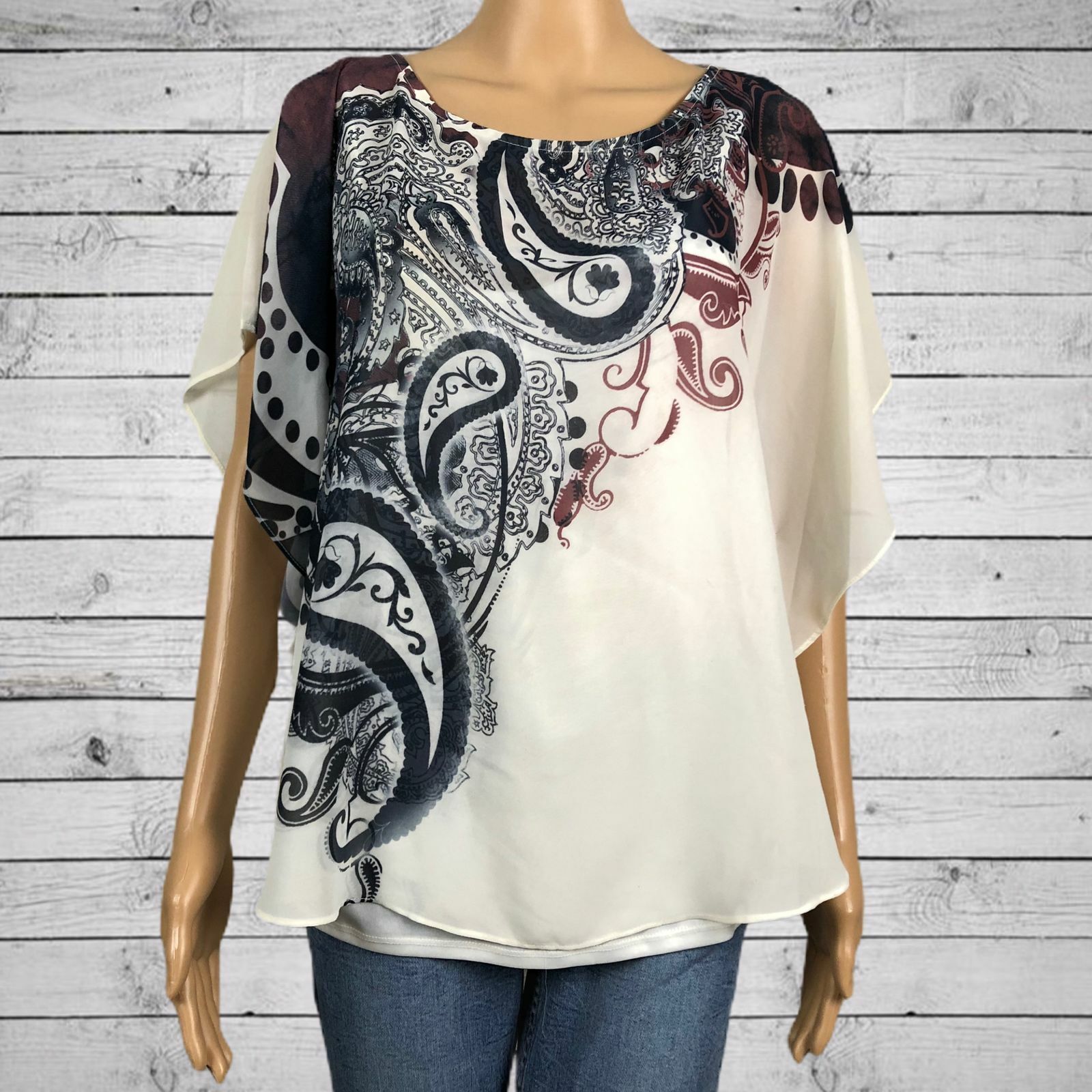 Halo Sheer Paisley Print Poncho Tank Shirt Top MEDIUM Ivory Blue Maroon