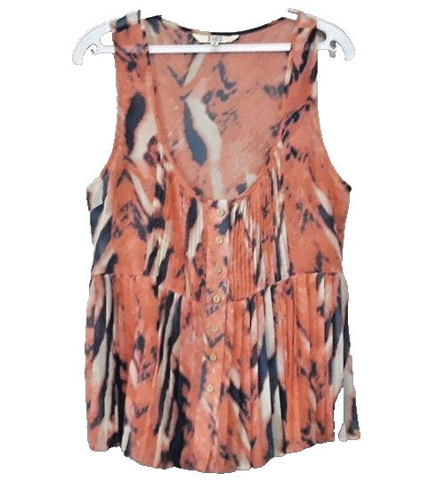 Bb Dakota Womens BOHO Babydoll Tank Top Small Orange Abstract Button Up Pleated