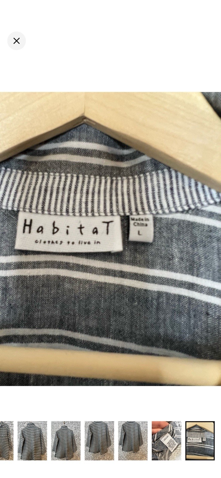 Habitat Gray White Striped Button-Up Collared 3/4 Sleeve Cotton Woven Top L