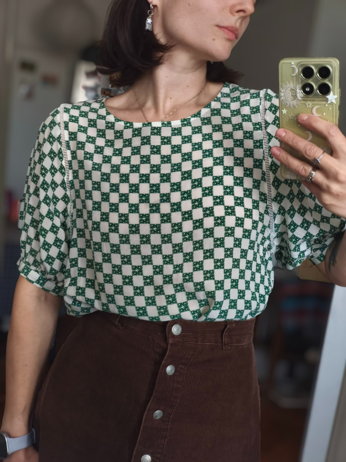 100% Mulberry Silk Blouse – Green & White Geometric Print – Size M