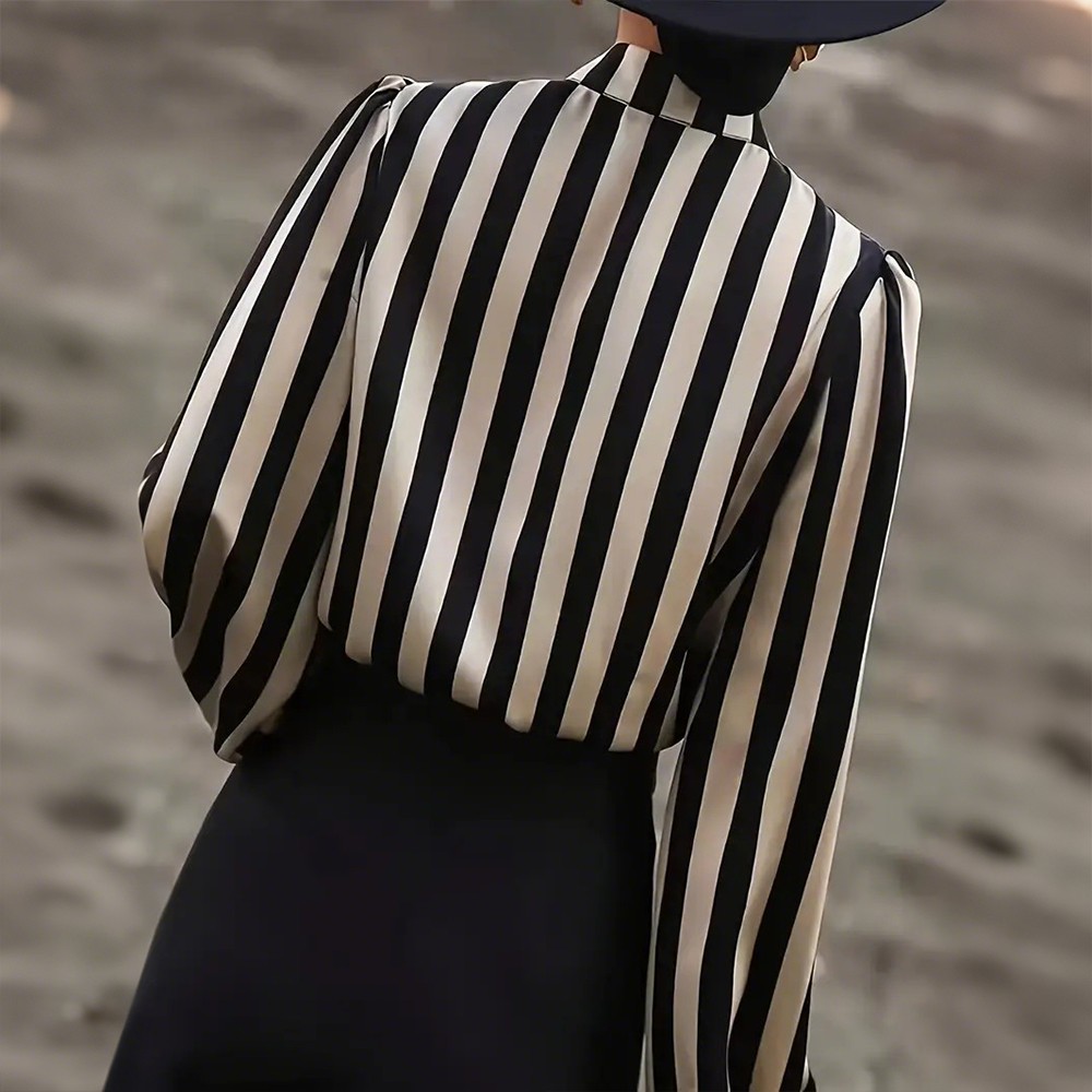 Women’s Elegant Formal Striped Shirt Lantern Sleeve Blouse Stand Collar OL Tops
