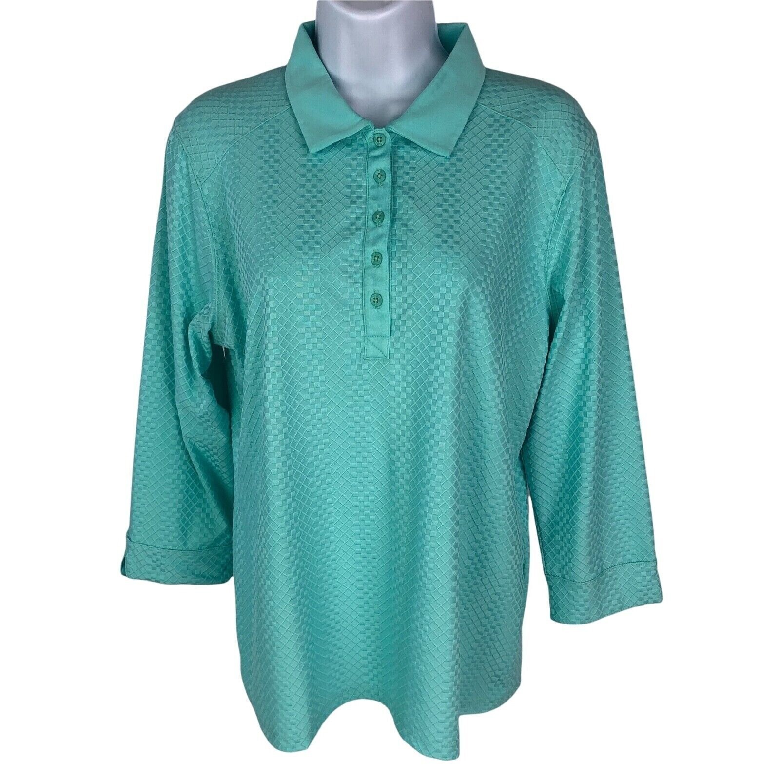 Lopez Top Women Size L Sea Green DeLux Dri 5 Buttons Below Collar 3/4 Sleeves