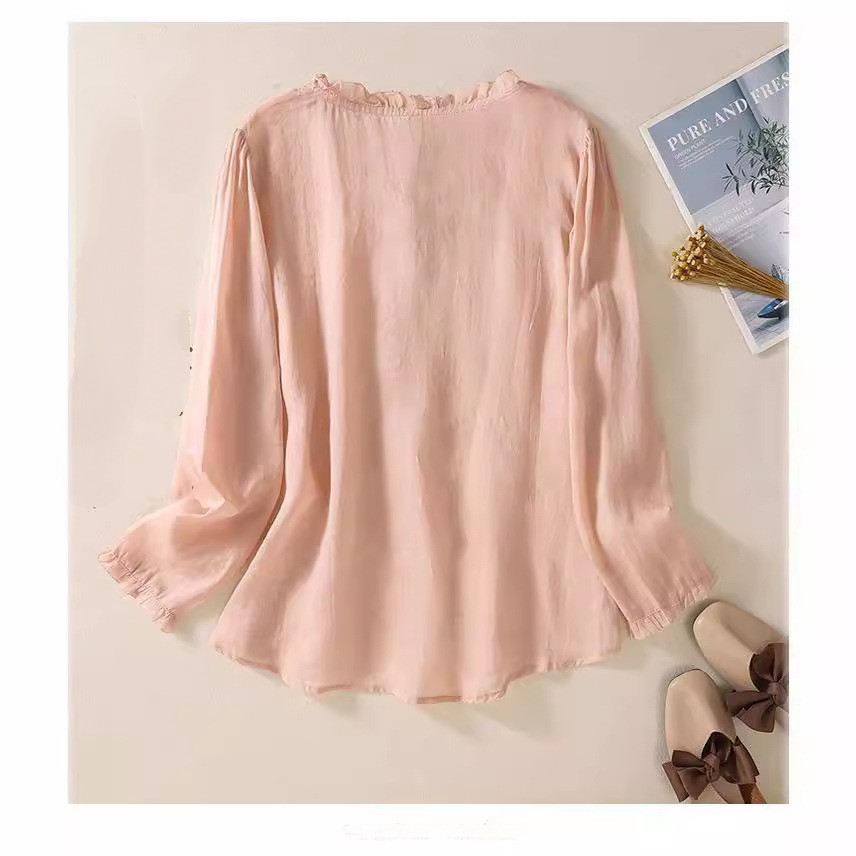 Women’s New Spring Loose V-Neck Wrinkled Sexy Shirt Long-Sleeved Comfortable Top
