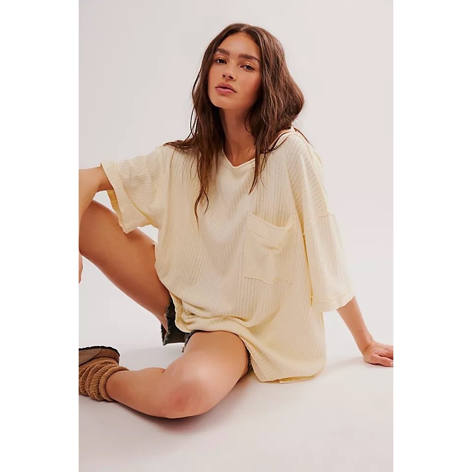 We The Free Free People tulum Cream Waffle Knit Oversized Thermal Pocket Tee XS