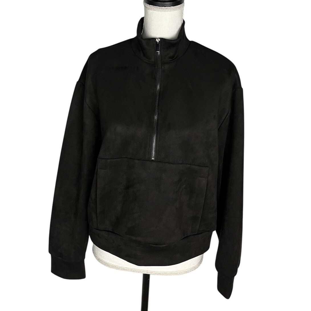 T Tahari Black Faux Suede Half Zip Pullover Size M