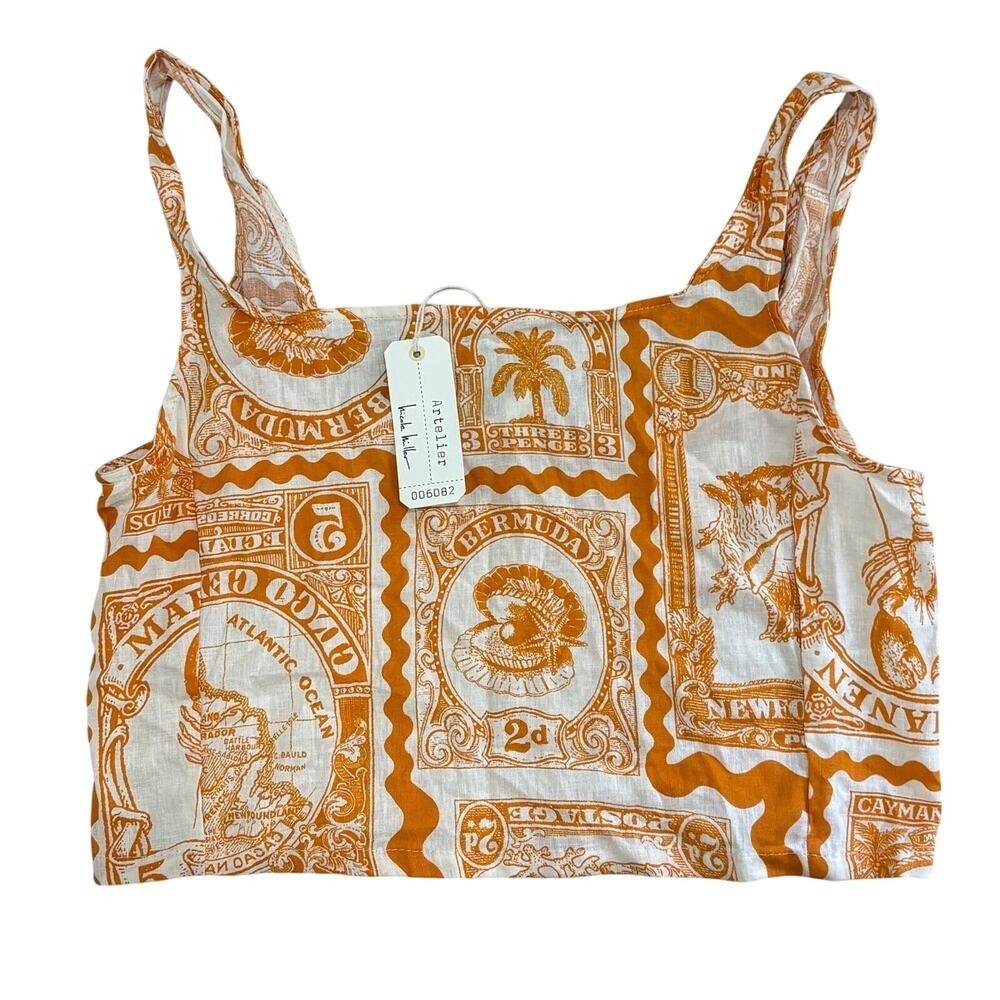 NWT Nicole Miller Artelier Crop Tank Top Orange Bermuda Stamps Linen Resort M