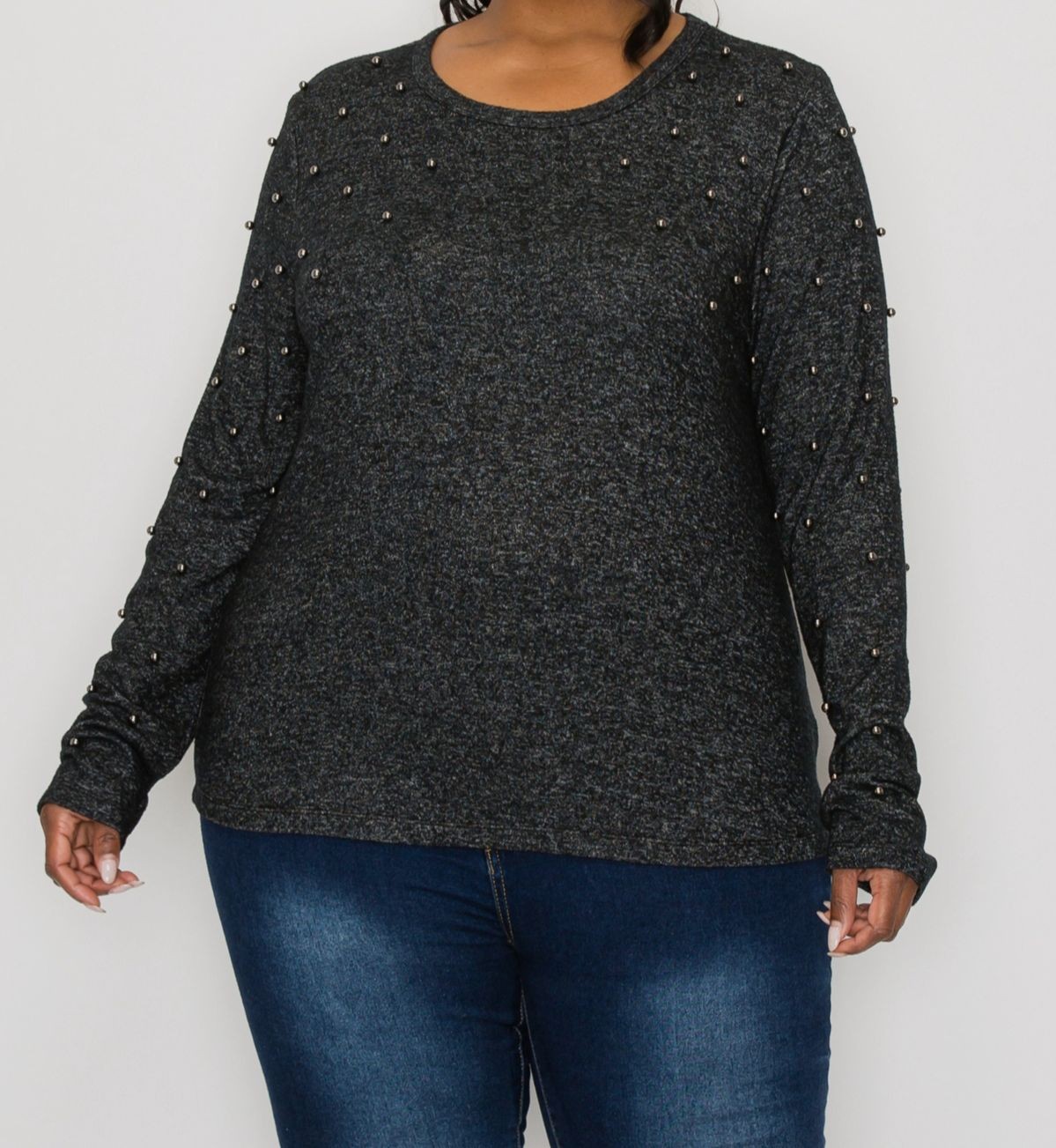Coin 1804 Women’s Gray Long-Sleeve Studded Pullover Blouse Top Plus Size 2X