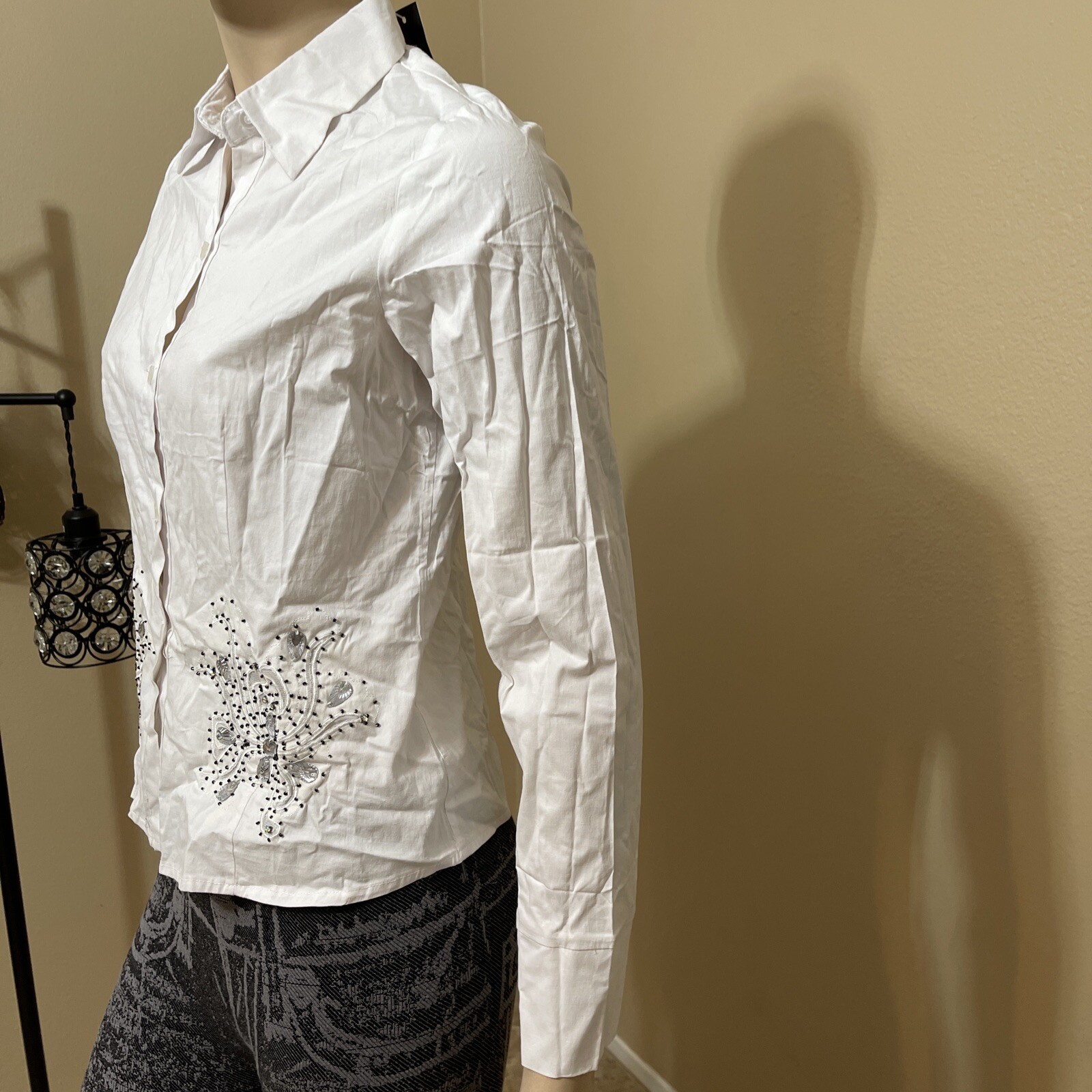 Women’s White Cotton Classic Casual Button Beaded Embroidered Size S Top Shirt
