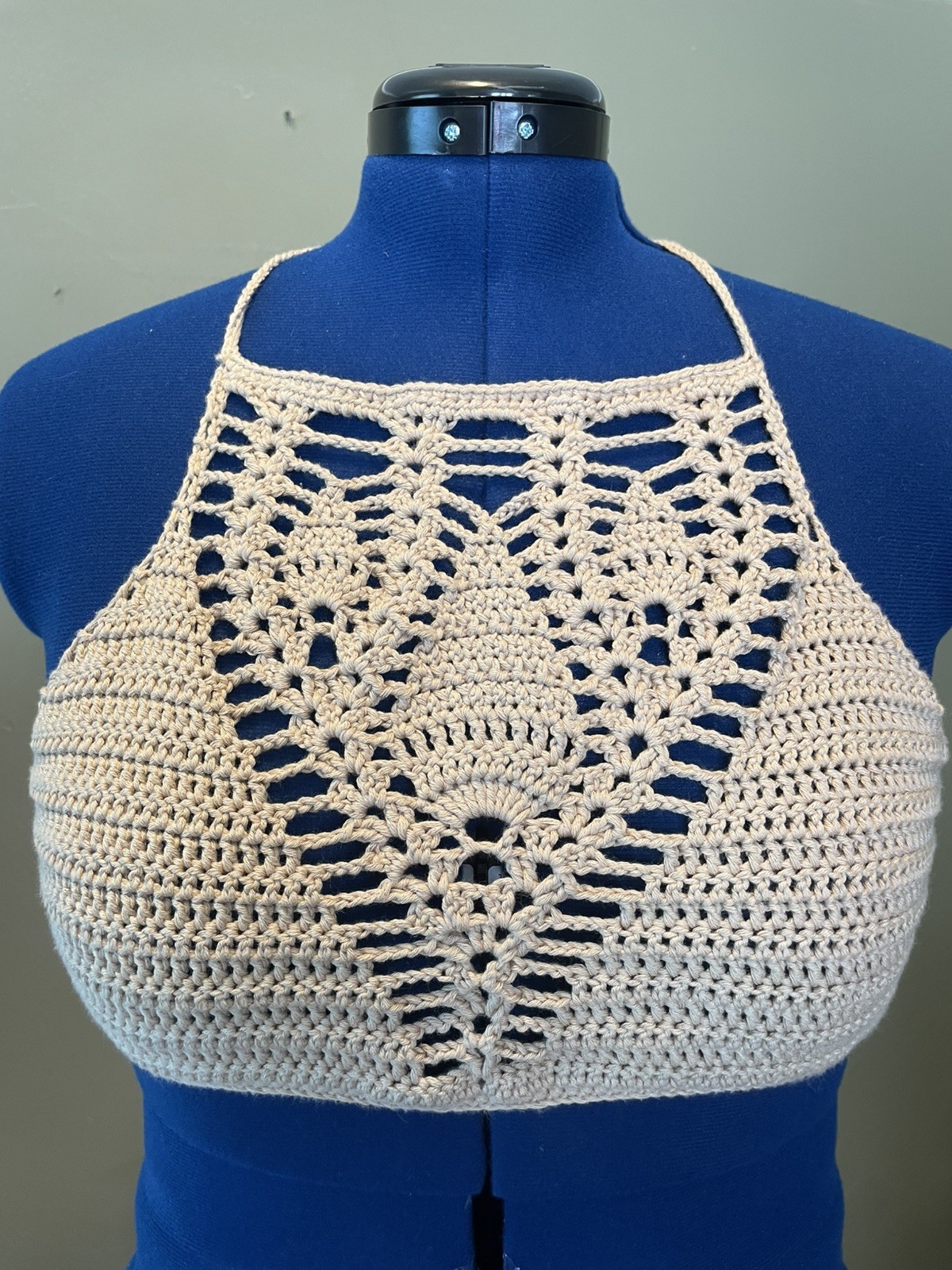 Handmade Crochet Halter Top Lace Up Back Beige Tan Cotton Unlined Summer Boho