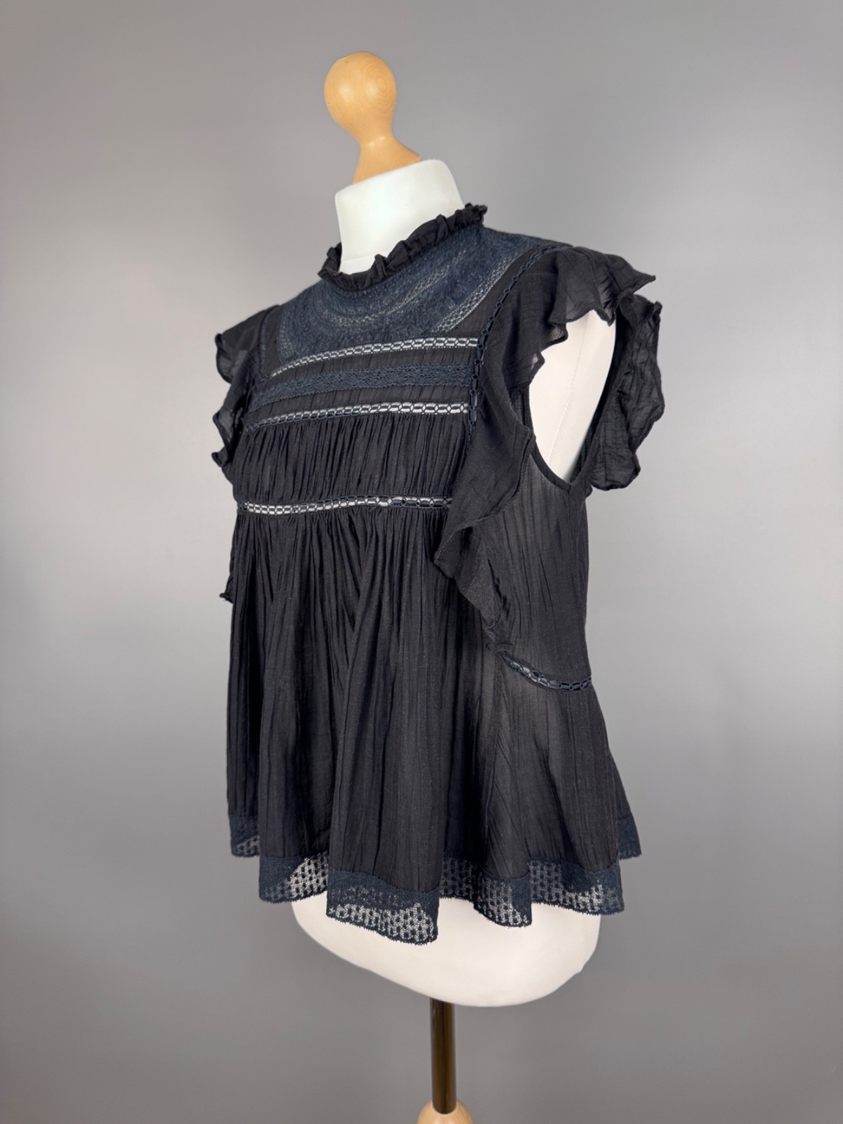 Isabel Marant Etoile Vivia Top Black Mock Neck Lace Trim Ruffle Embroid Womens S