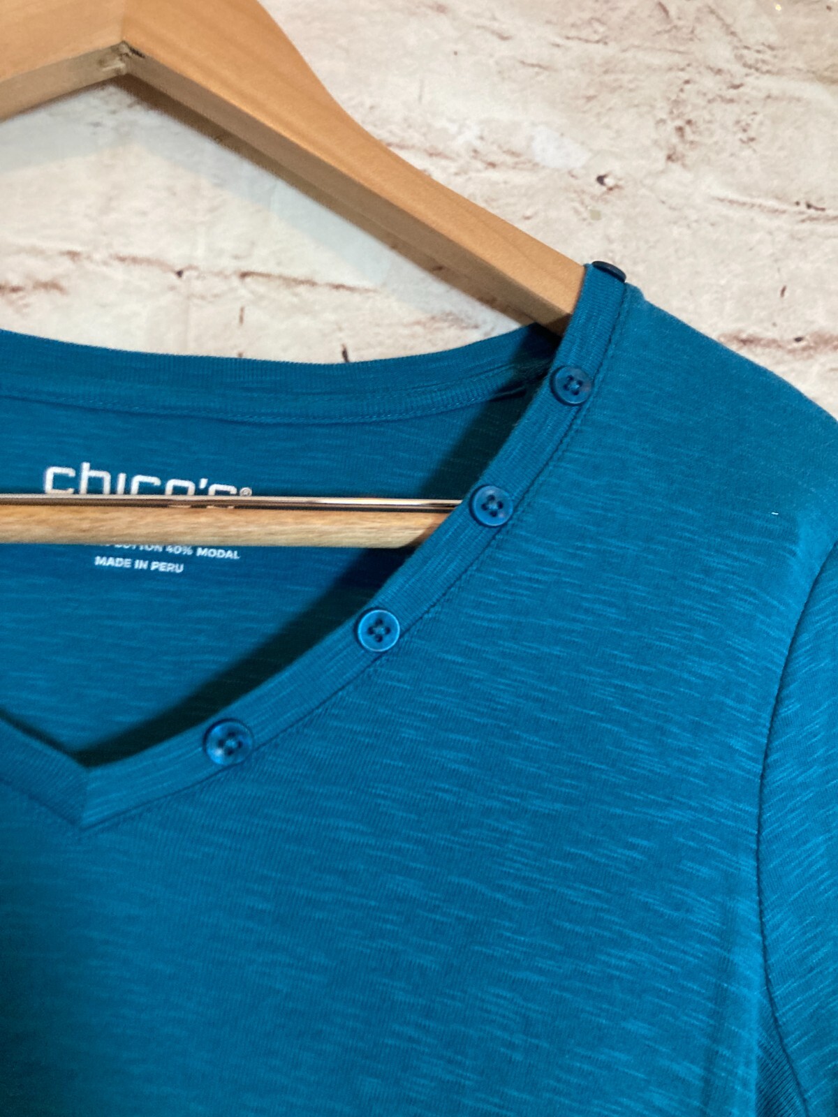 Chico’s Henley Top Womens Medium Dark Teal Cotton Modal Stretch Pullover Peru