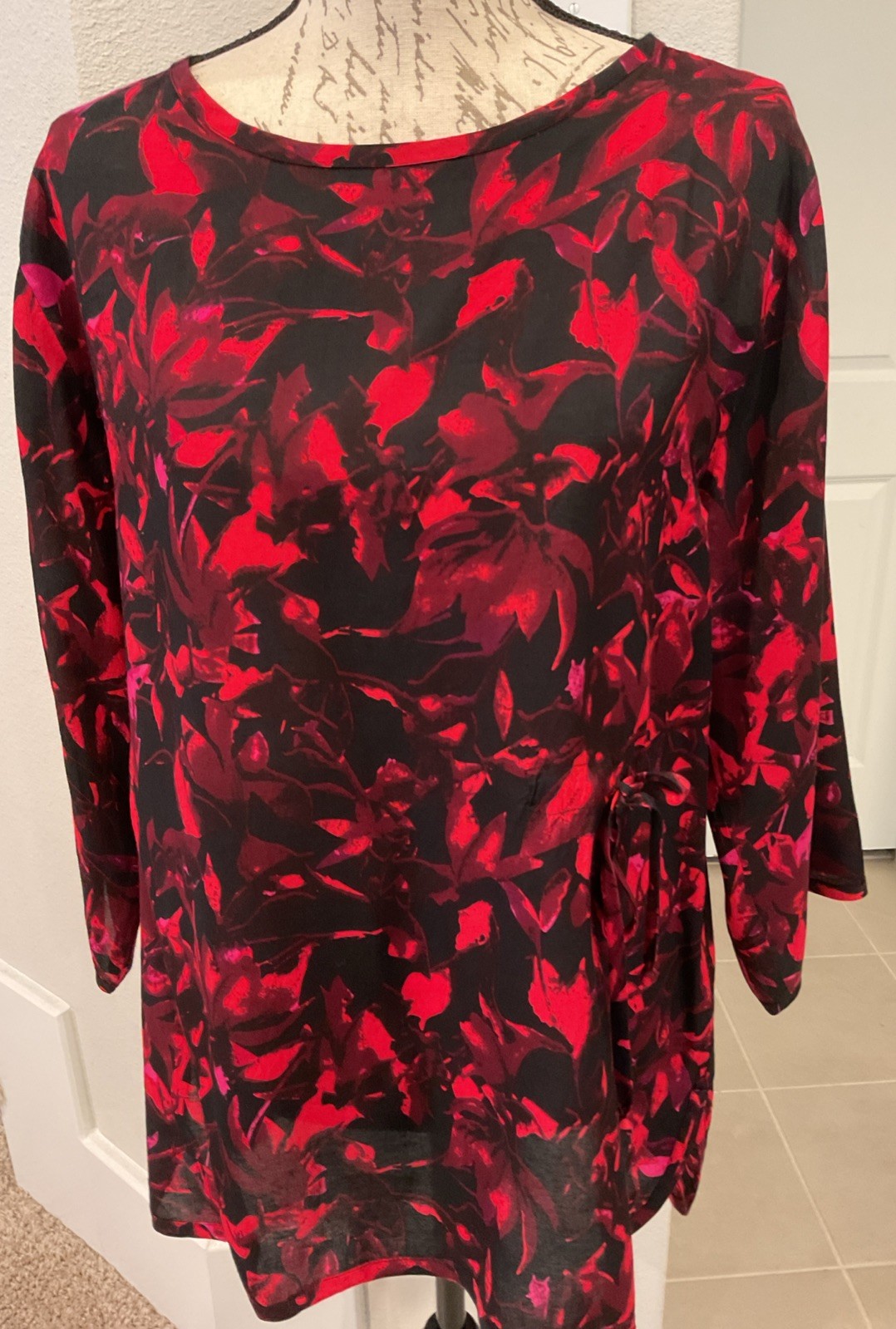 MASAI Women’s Sz L Pullover Blouse Blk/Wine/Fushia Viscose 3/4 sleeve NWOT