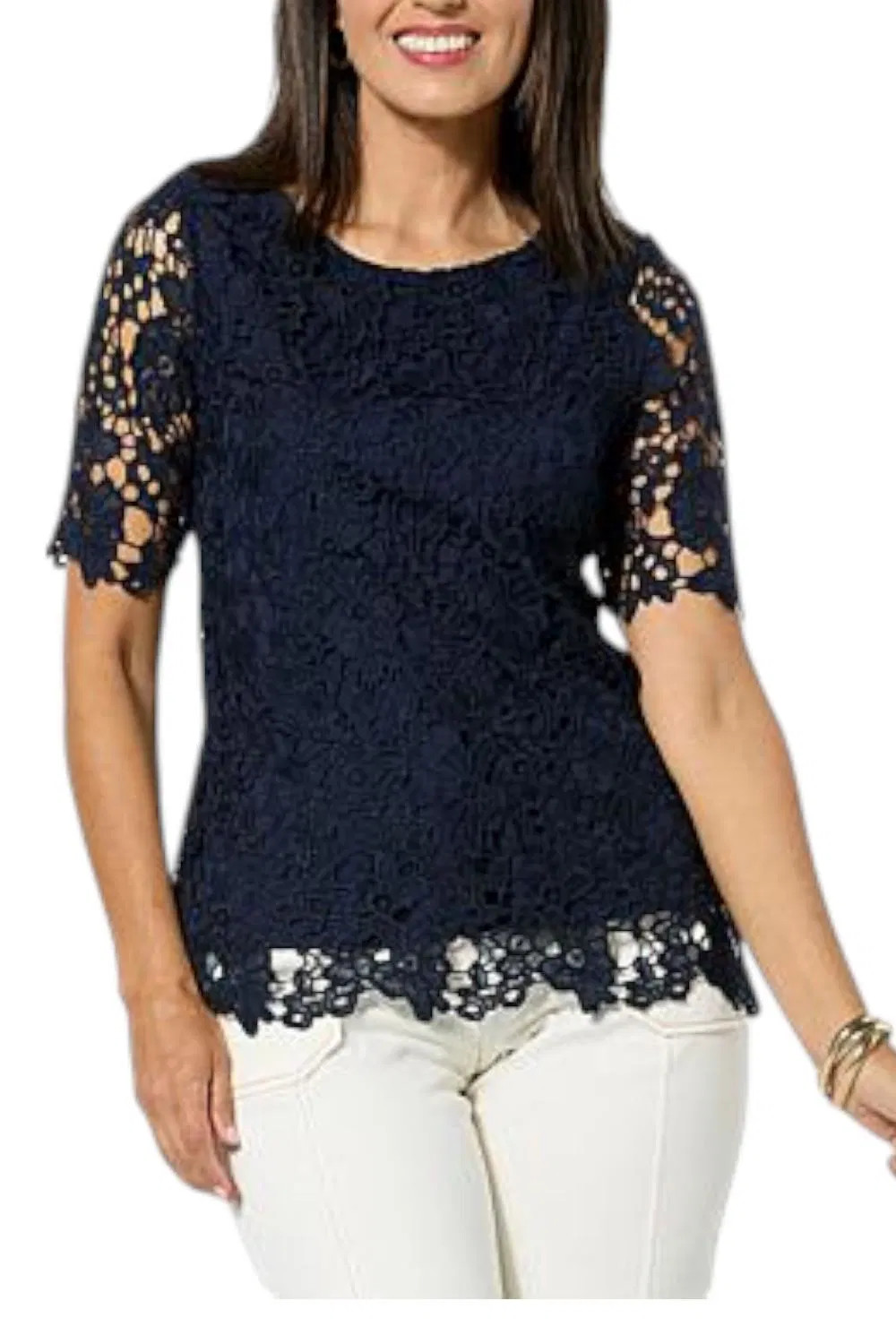 Nina Leonard Women’s Elbow Sleeve Lace Top Navy