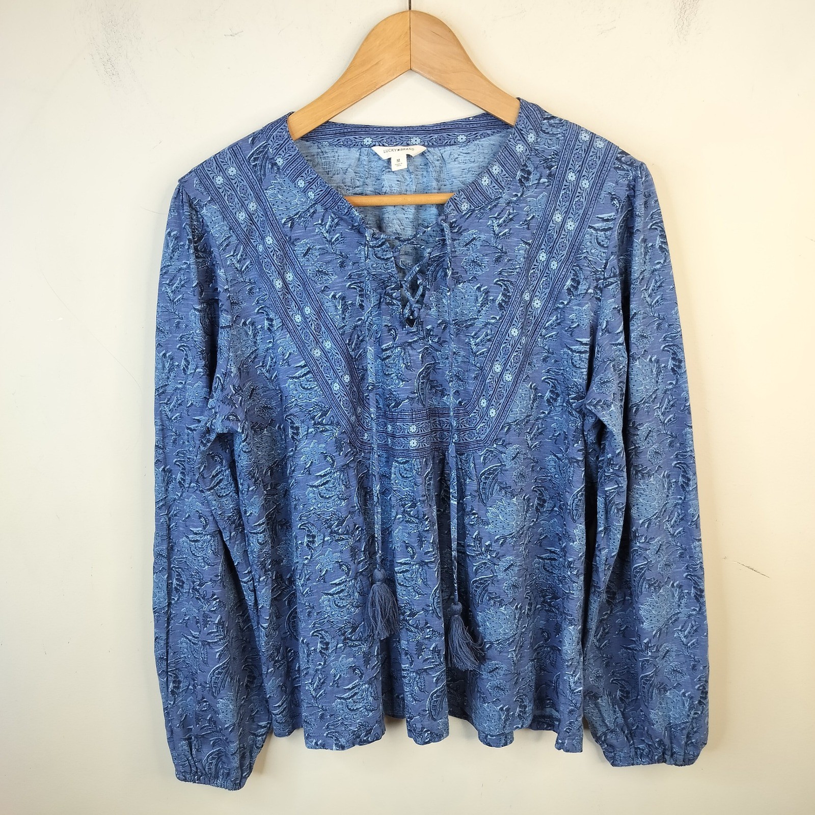 Lucky Brand Floral Tasseled Top Womens Medium Lace Up Boho Blue Cotton