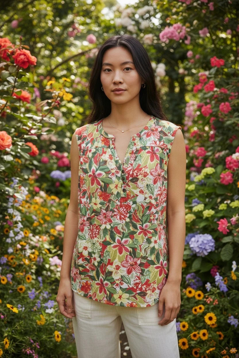 Nutmeg Floral Summer Top UK 18 Sleeveless Henley Neck Button Front Holiday Casua