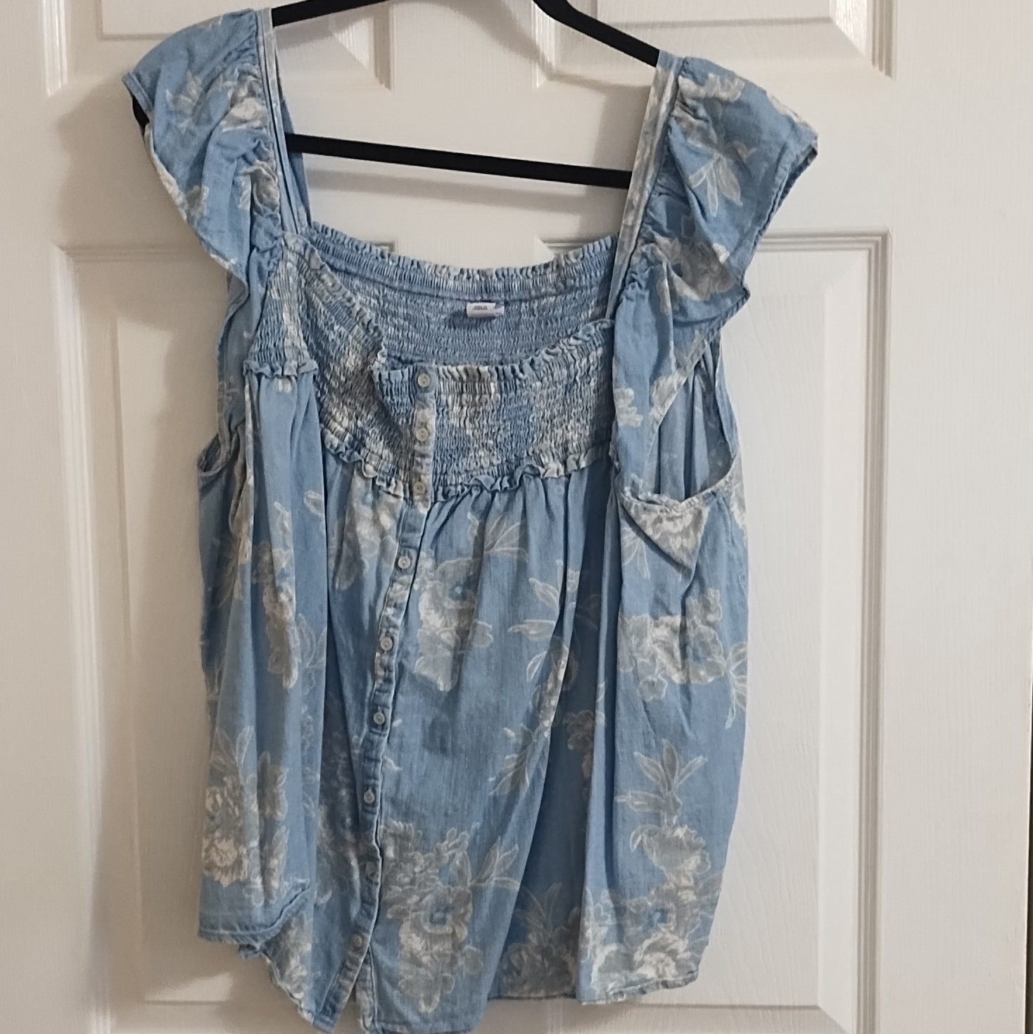 Old Navy Floral Smocked Square Neck Peasant Tank Top 3X Plus Blue White