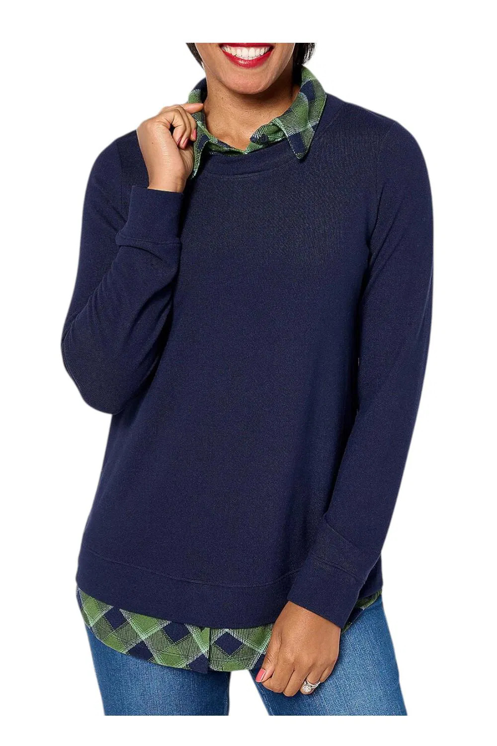 Denim & Co. Women’s Heavenly Jersey Solid/Plaid Long Sleeve Top Navy