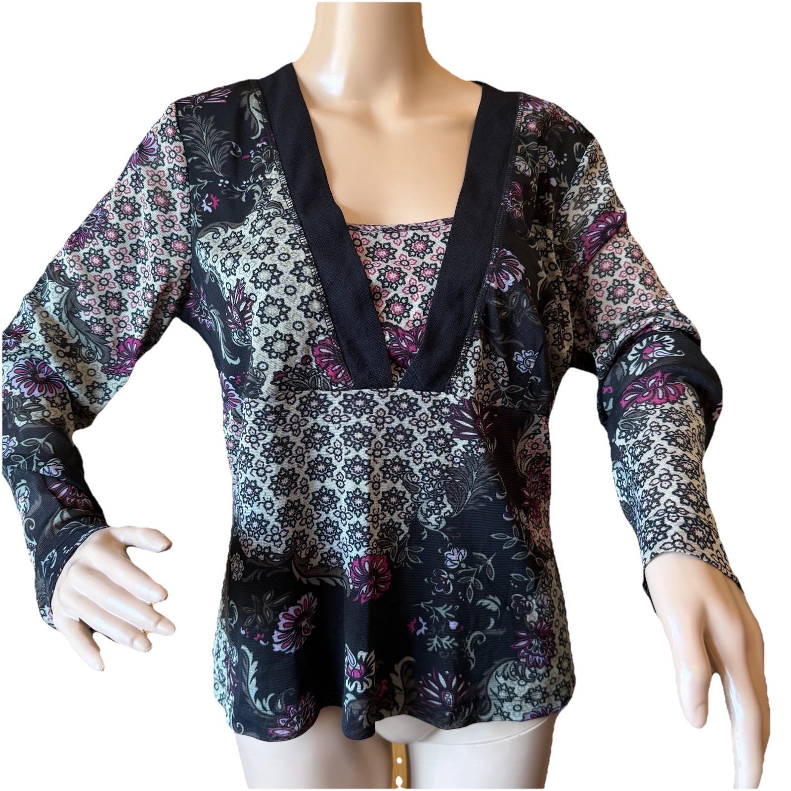 Vintage Y2K Simply French Floral Sheer Mesh L Top Black Whimsigoth Fairy