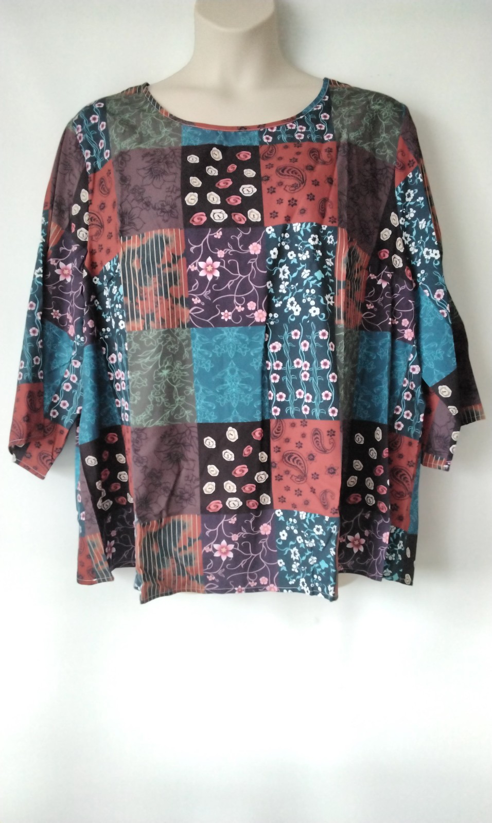 PLUS SIZE 26 MULTICOLOUR PATCHWORK FLORAL HIPIE BOHO TOP BLOUSE NO STRETCH
