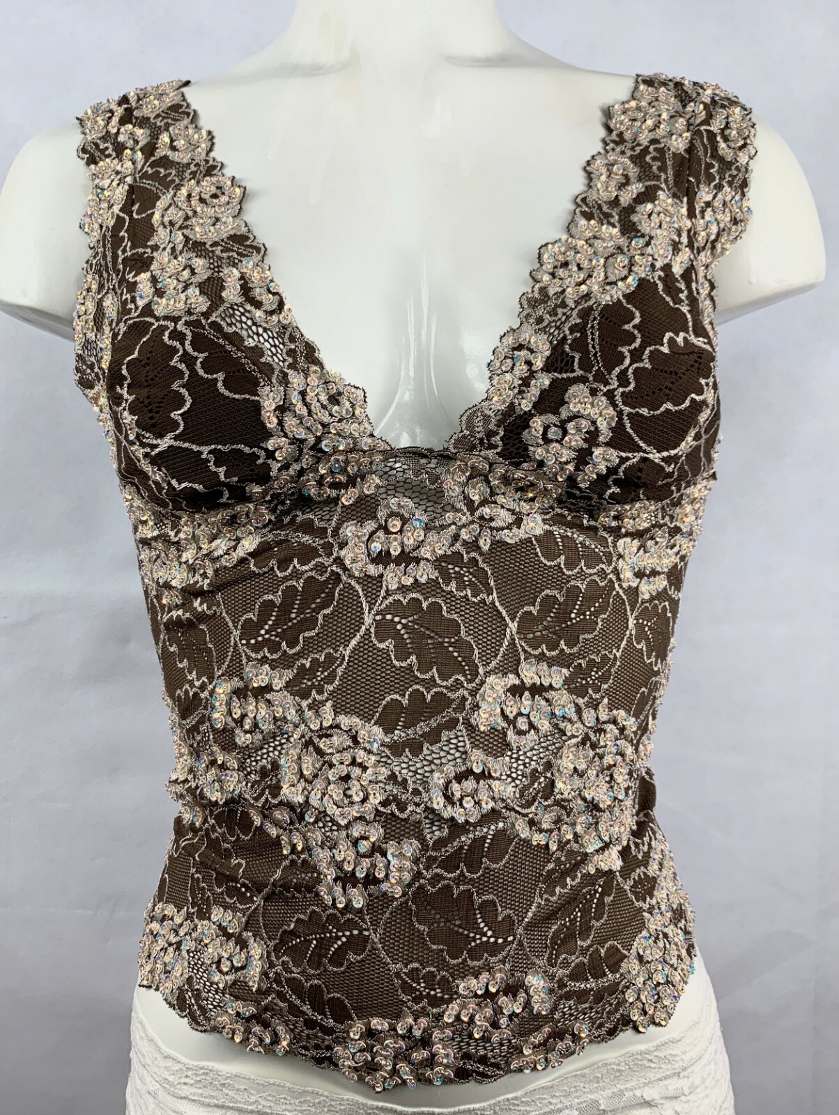 SEQUINNED LACE TOP CAMI WAIST LENGTH BLOUSE IN BROWN BEIGE COLOR HAND BEADED.