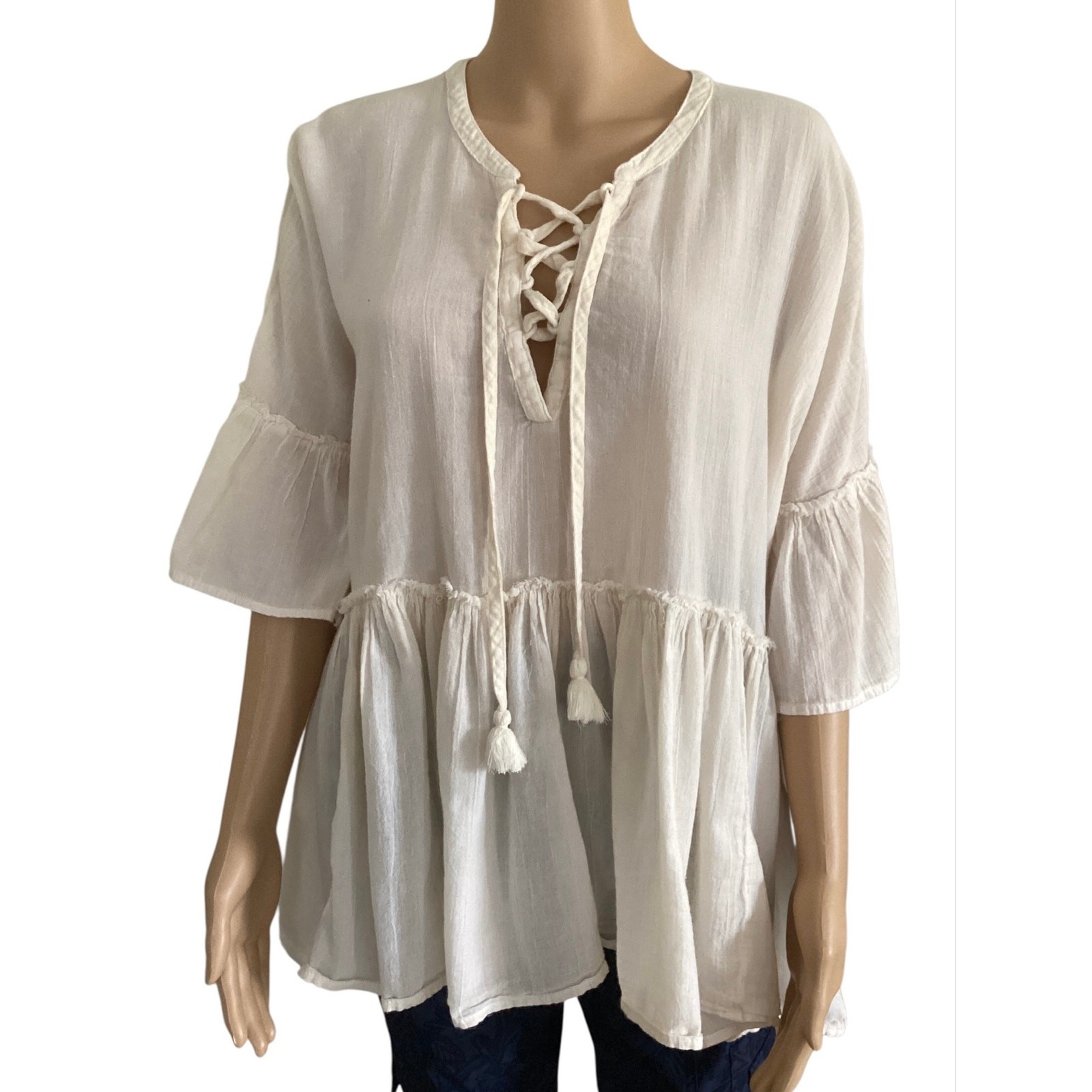 Aerie Boho Lace Up Babydoll Blouse Cream White Gauze Bell Sleeve Tassel Top S