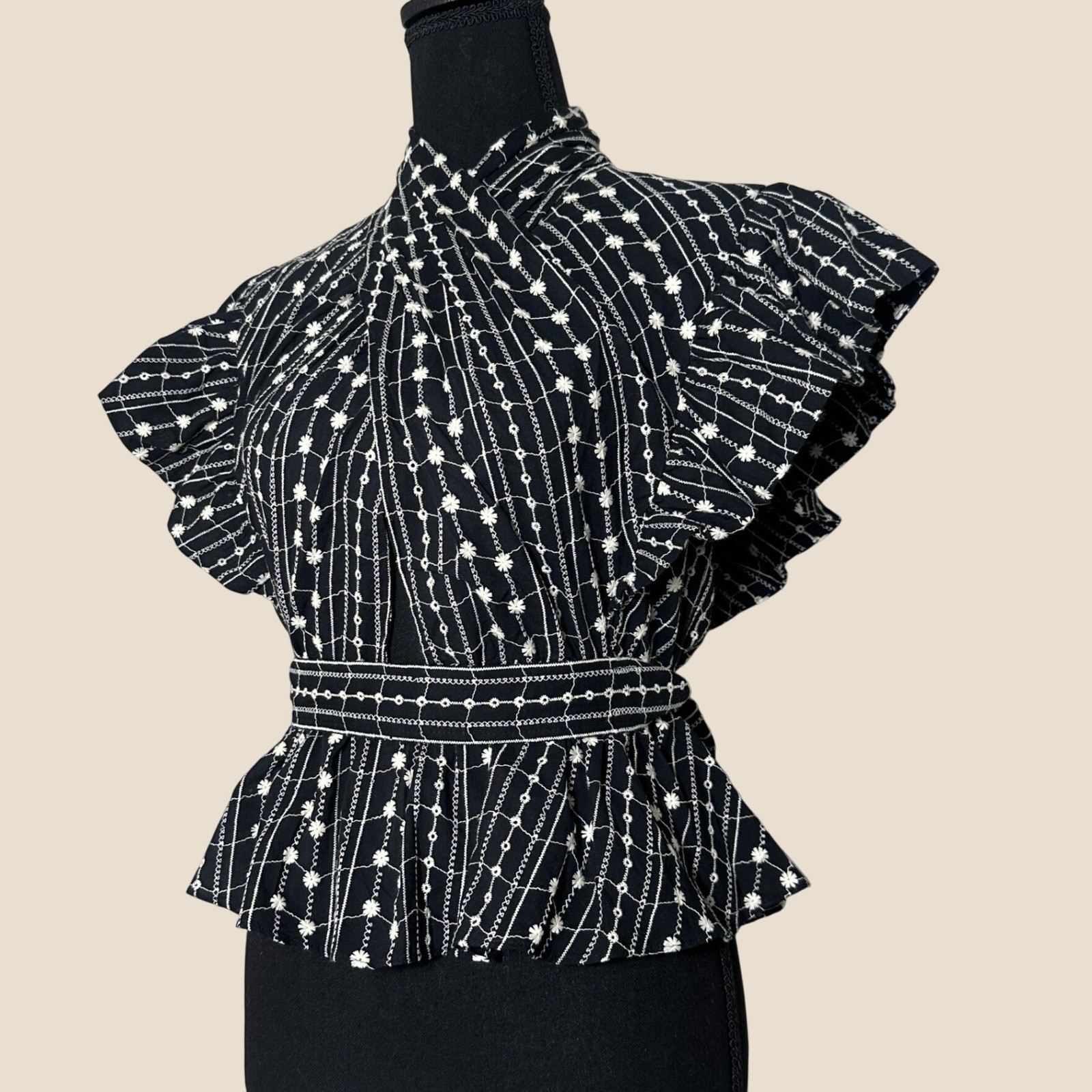 Derek Lam 10 Crosby Embroidered Blouse Top 100% Cotton Womens 6 Black Peplum