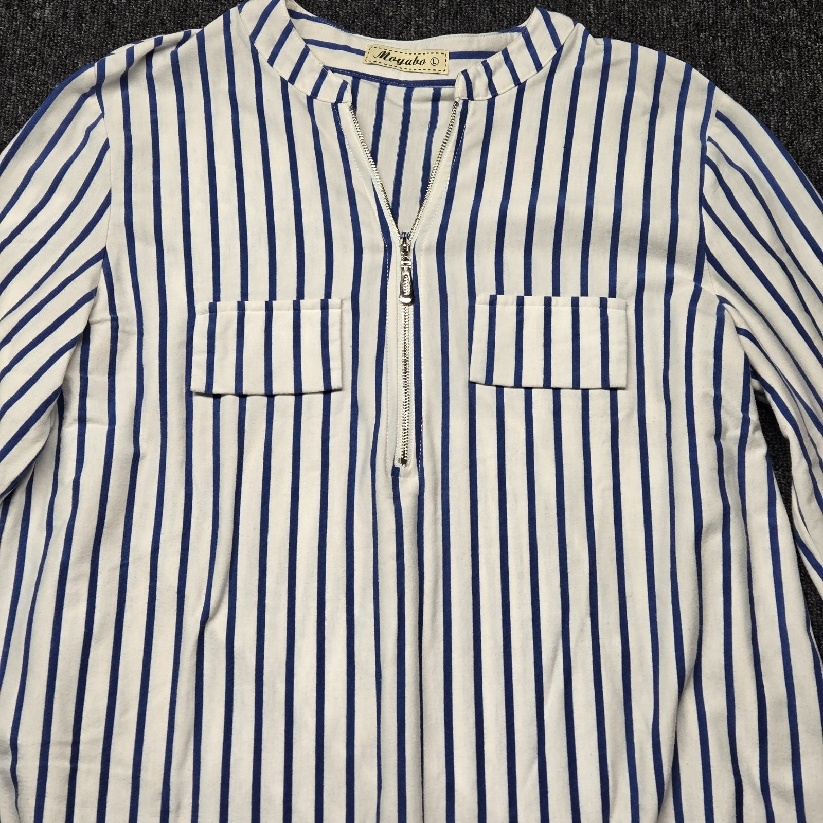 Moyabo Tunic Shirt Womens Large White Blue Stripe Half Zip 3 4 Roll Tab Sleeve